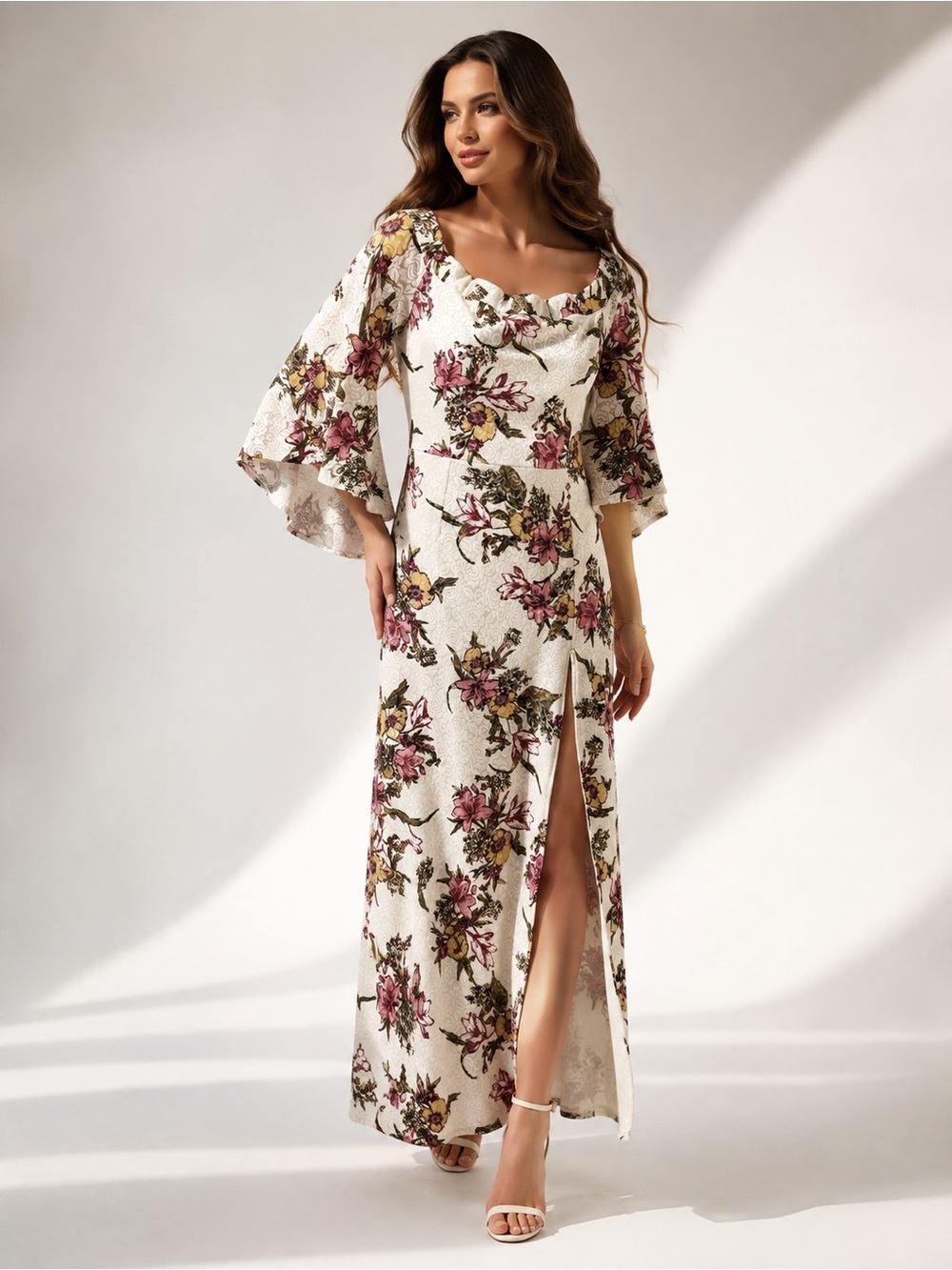 Vfshow Floral Cowl Neck Maxi Dress in White with Pink Accents